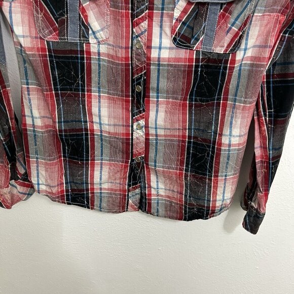 Affliction Pearl Snap Embroidered Red Plaid Western Shirt Elbow Patch Women’s L - Picture 3 of 11